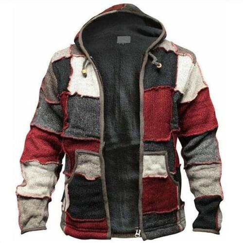 Winter 2021 Europe USA Style Men/Youth Wool Color Piece Splicing Catch Fleece Vintage Straight Type Thick Zipper Hooded Sweater