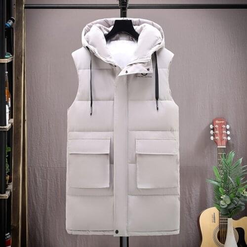 2021 Korean Casual Men Hooded Sleeveless Cotton-Padded Jacket Solid PrimaloftOne Long Vest Male Couples Big Pocket Waistcoat
