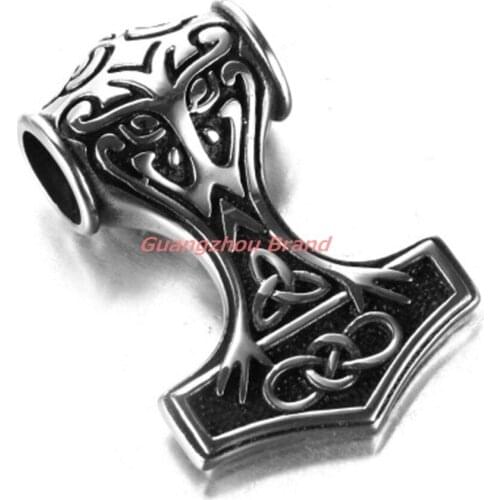 Charming 32mm Punk Stainless Steel Mens Silver Black Color Pendant Necklace Jewelry Knot Myth Mjolnir Thors Hammer