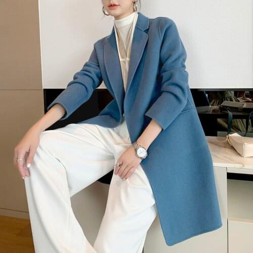 2021 autumn and winter haze blue double-sided woolen coat womens mid-length woolen coat without cashmere