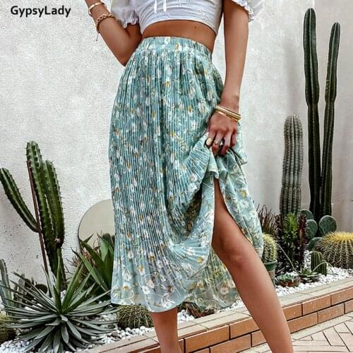 GypsyLady Floral Print Pleated Skirt Mint Blue Summer Women Long Skirts Ruffles Elastic Waist Holiday Female Ladies Chic Skirt