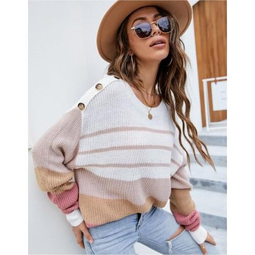 Real Cotton Sale New free Shipping 2021 Autumn Winter Loose Striped Long-sleeved Sweaters Round Neck Pullover Knitted Sweater