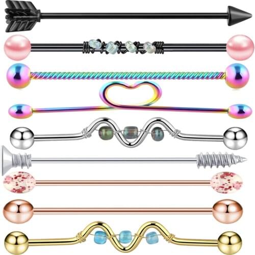 9 Pieces Piercing Set Heart Arrow Industrial Earrings Mixcolor Long Rod Earring Earbone Nails Ear Piercing Lote