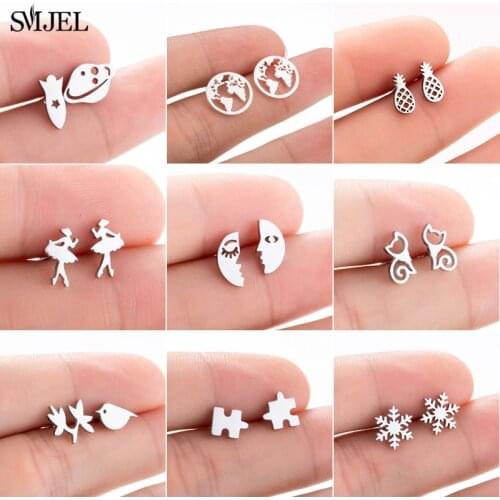 SMJEL Stainless Steel Earrings Women Fashion Kids Rocket Moon Puzzle Ballet Stud Earings Cat Jewelry christmas kolczyki