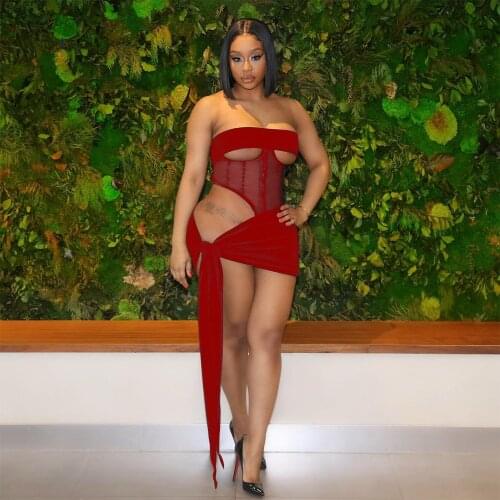 Mesh Sheer See Through Bandage Two Piece Sets Summer Outfit Off Shoulder Cut Out Crop Top and Tie Up Mini Skirt Party Clubwear