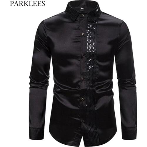 Silk Mens Black Shirts Satin Smooth Men Dress Shirt Glitter Splice Men Long Sleeve Wedding Party Dance Men Fashion Chemise Homme