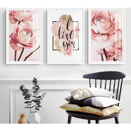 Modern Pink Peony Flower I Love You Quote Canvas Painting Wall Art POP Picture Prints and Poster for Bedroom Home Decor Interior