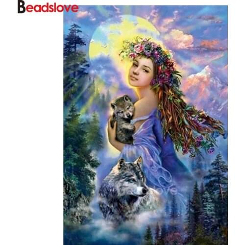 Needlework Diy Diamond Painting dawn fairy girl and wolf cat Cross Stitch Full Square round Diamond Embroidery Mosaic Crafts