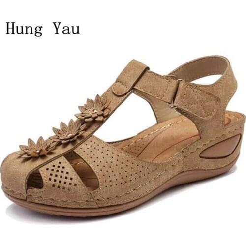 Women Sandals Wedges Summer Shoes Flower Hook & Loop Fashion Breathable Gladiator Lady Casual Platform Plus Size 34-44