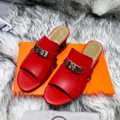 Women Buckles Slippers Natural Leather Peep Toe Slippers Summer Outdoor Sandal Square High Heels Ladies Slides Shoes Size 42 43