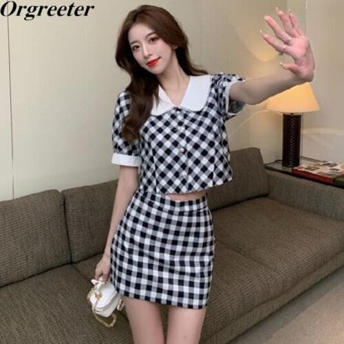 Retro Plaid 2 Pieces Set Women Short Sleeve Lace Trim Blouse Crop Tops &Bodycon Mini Skirts Sets Preppy Style 2 Piece Outfits