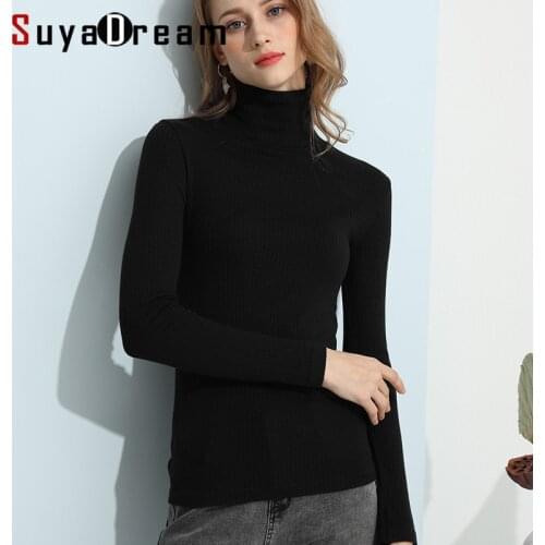SuyaDream Woman White Black Sweaters Silk and Modal Turtlneck Ribs Pullovers 2020 Fall Winter Solid Basic Shirts