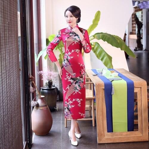 Plus Size Hot Pink Chinese Lady Sexy Long Sleeve Cheongsam Long Qipao Traditioanl Casual Dress For Women Mandarin Collar Dress