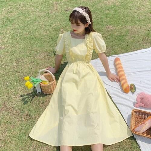 Womens Summer Korean Square Collar Sweet Pleated Ruffles Stitching High Waist Slimming Puff Sleeve Dress sweet lolita dress