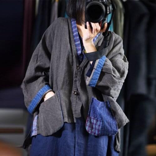 Johnature Cotton Linen Retro Patchwork Pocket Irregular Coats 2021 Autumn New Loose Comfortable All-match Women Long Sleeve Coat
