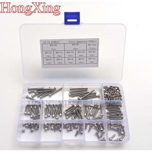 240pcs/Set M3 Screws Nuts Kits Set Stainless Steel Hex Head Socket Screws and Nuts Assortment Hexagon Socket Head Cap Screws