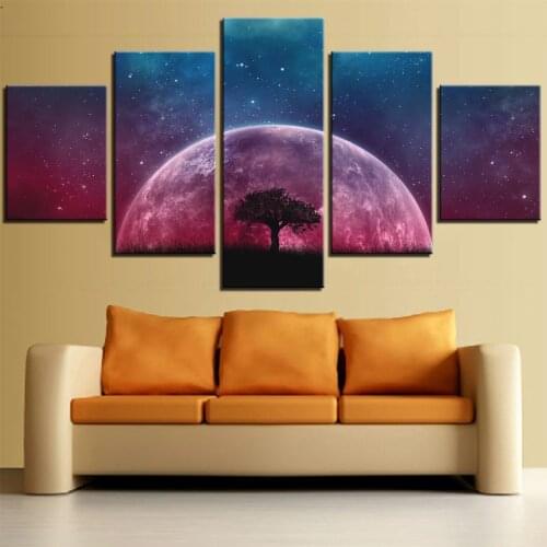 5 Pieces Moon and Tree Canvas Modular Space Posters Starry Sky Purple Blue Wallpapers For Home Bedroom Decor Art Framework