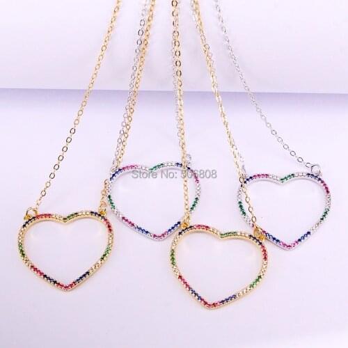 6PCS, Gold/Silver color cz micro paved heart pendant necklace , sparking rainbow cz Heart pendant charms jewelry