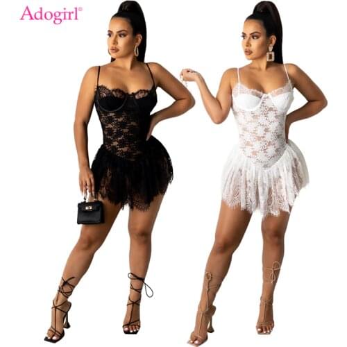 Adogirl Women Sexy Ruffles Spaghetti Straps Lace Mini Dress with Panties See Through Strapless Fit Flare Club Party Outfits