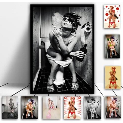 DIY 5D Diamond Painting Toilet Black White Sexy Women Smoking Poster and Drinking Lady Toilet Pub Bar Home Decoration Poster