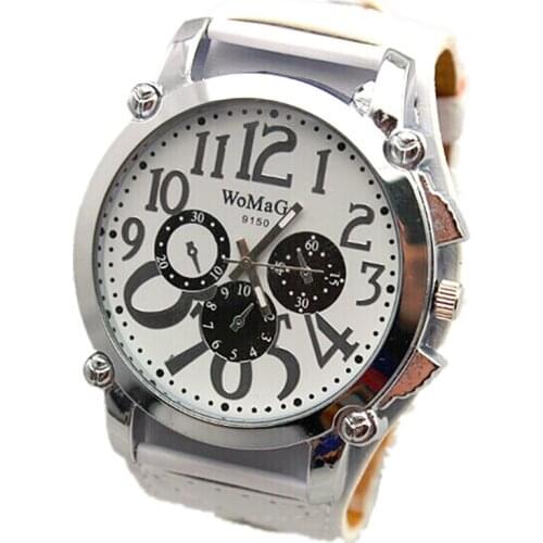 Womage brand new fashion design big round face quartz watch 5colors leather strap women casual dress men military wristwatches