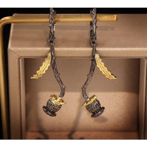 CIZEVA Italy Jewelry Vintage Elegant Flower Bud Two Tone Drop Earrings for Women Genuine 925 Sterling Silver Dangle Earrings