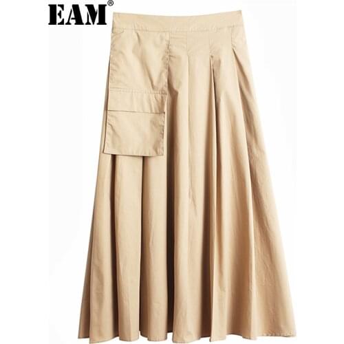 [EAM] High Elastic Waist Khaki Pocket Irregular Pleated Casual Half-body Skirt Women Fashion New Spring Autumn 2021 1DD7487