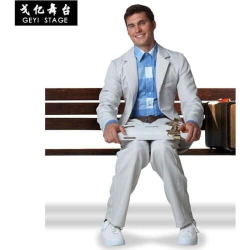 Forrest Gump Costume Cosplay Halloween Dress Adult Men Grey Suit Inspirational Gump Shirt Party Fancy Movie Uniform