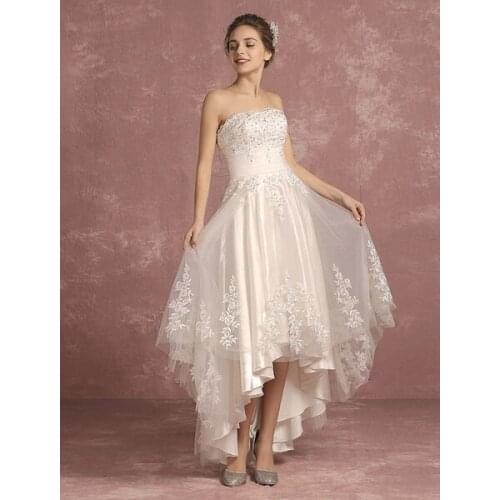 Summer Wedding Dresses 2020 Lace Beaded Bridal Gown Strapless Sleeveless A Line High Low Bridal Dress