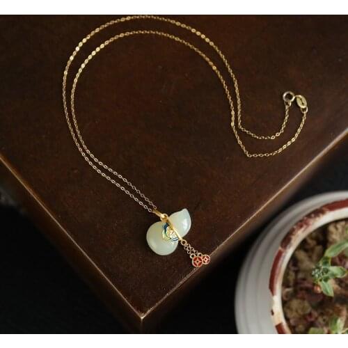 Xishang Hetian Jade Small Pendant Sterling Silver Gilding Enamel Vintage Coins Jade Gourd Necklace for Women Elegance Retro