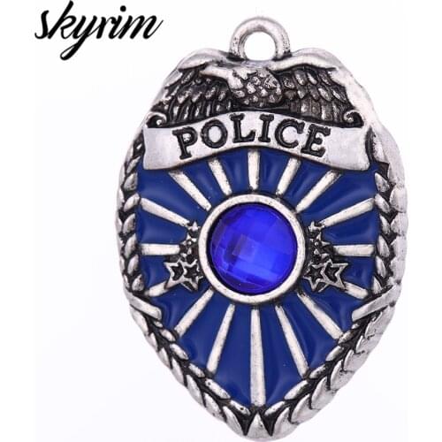 Skyrim 5pcs/lot Metal Police Badge Armband Charms for Jewelry Making Blue Crystal Inlay Pendant DIY Necklace/Bracelet/ for Gift