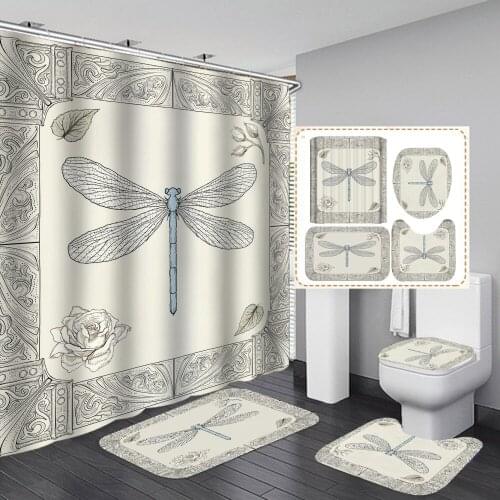 Dragonfly 3d Modern Bathmat Set Bathrom Doormat Non Slip Polyester Cover Mat Waterproof Shower Curtain Screen Toilet Lid Cover