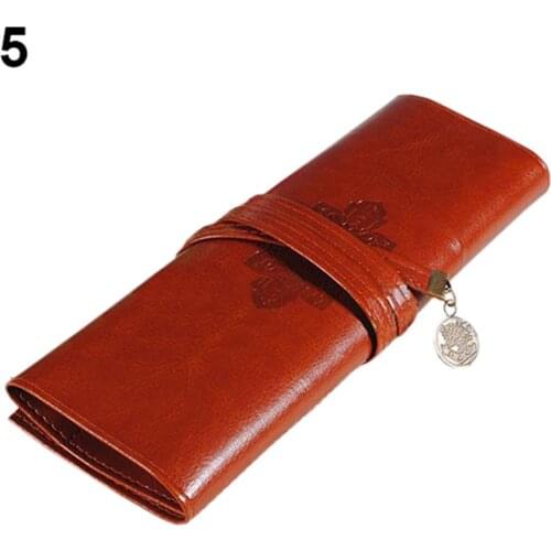 Vintage Roll Faux Leather Make Up Cosmetic Pen Pencil Case Pouch Purse Bag