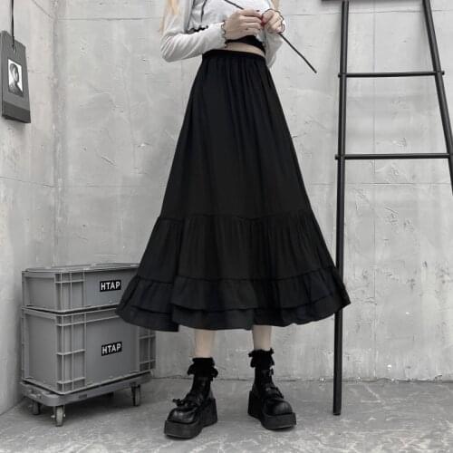 JMPRS Ruffles Women Chiffon Long Skirt Black Summer Dark Academic A Line Elastic High Waist Gothic Ladies Midi Skirt New 2021