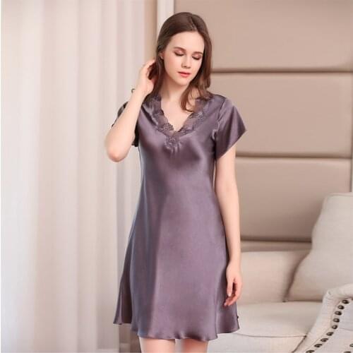 Women 100% Mulberry Silk Lady Nighties For Split Silk Nightdress Female Summer Spring Short-sleeved Silk SleepwearNightgown