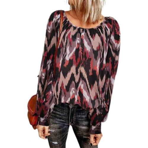 2021 Autumn New Fashion Ladies Blouse Printed Pleated Autumn Loose O Neck Tops Long Sleeve Pullover Steerwear
