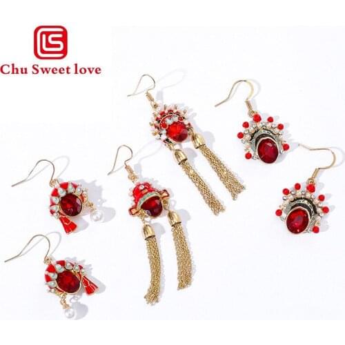 Womens Fashion Long-style Peking Opera Earrings Elegant Ear Simulated Pearl Dangle Drop Earrings Retro Unique Jewelry Gift