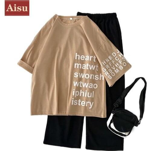 Summer Two Piece Set Women cotton Tracksuits casual oversized Harajuku letter printed T-shirts Elastic Waist wide leg pants sets