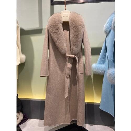 Hot Sale High Quality Hand Make Office Lady Winter Slim Fit Long Overcoat Double Side Wool Women Coat with Real Fox Fur Collar