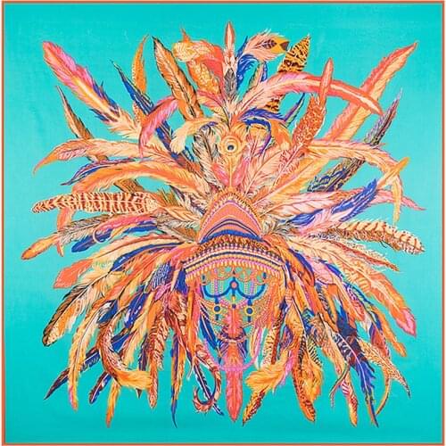 100% Twill Silk Women Scarf Luxury Brand Indian Feather Large Square Scarves Fashion Gift Feathers Crown Silk Shawls 130*130cm