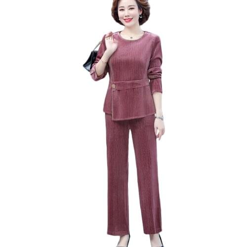 2021 New Middle-Aged Womens Casual Pants Suit Spring Autumn Fashion Pullover Blouse Trousers Two-Piece Suits Plus Size Sets 5XL