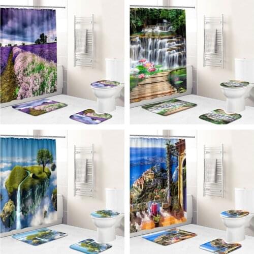 3D Waterfall Natural Scenery Waterproof Fabric Bathroom Accessories Bath Curtain Cover Anti Slip Carpet Bathroom Cover Bath Mat