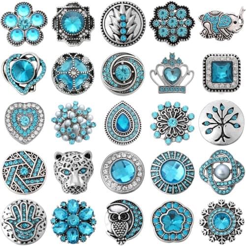 5pcs/lot Snap Jewelry Alloy Sky Blue Rhinestone Tree of Life Owl Elephant Dragonfly Flower Snap Buttons for Snap Bracelet Bangle