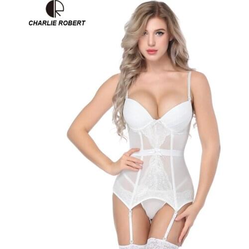White Lace Bustier Women Overbust Push Up Corset Sexy Femme Lace Up Lingerie See Through Corsets Bustiers