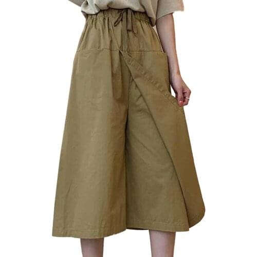Wide Leg Pants Women Capris Solid Loose Split Culottes Trousers Classic Khaki Elastic Waist Cropped Pants Black Plus Size L-4XL