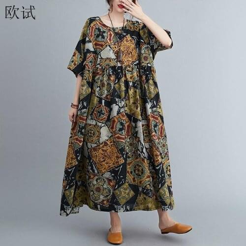 Plus Size Floral Cotton Linen Summer Dress Casual Vintage Ladies Dresses for Women 4xl 5xl 6xl 2021 Oversized Long Woman Dress