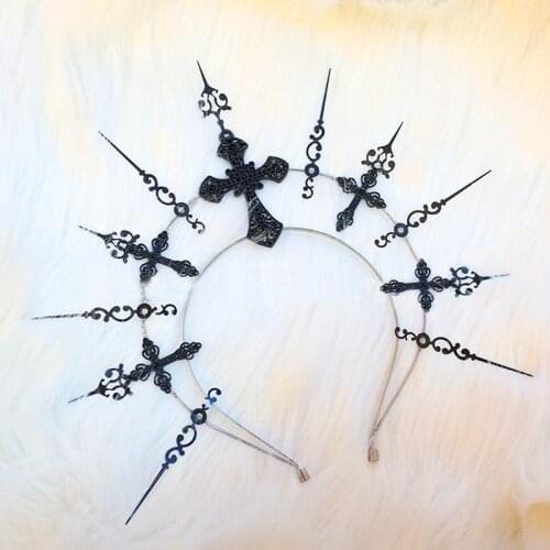 Gothic Lolita KC Halo Headpiece Virgin Mary Sun Goddess Black Cross Spikes Halo Crown Headband Halloween Hair Accessories