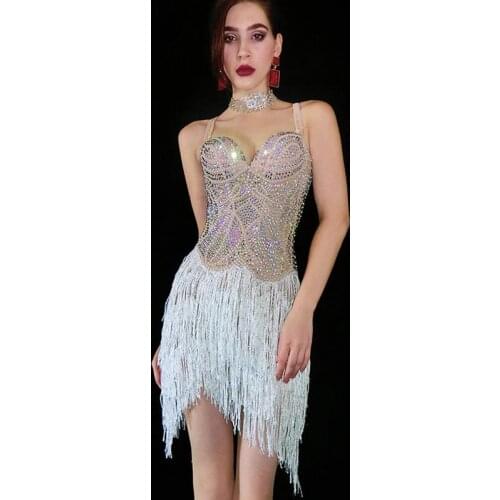 Tassel Rhinestones Sling Bodysuit Female DJ Latin Modern Pole Dance Competition Performance Fringe Costume Stage Wear