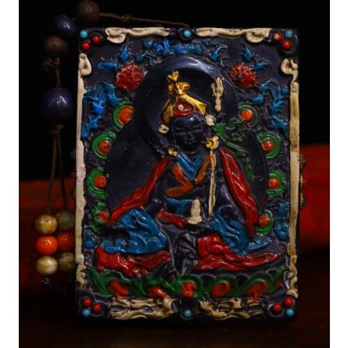 Chinese Folk Collection Old Natural meteorite Tracing mosaic Gem Dzi Bead Padmasambhava statue Pendant necklace Amulet Exorcism