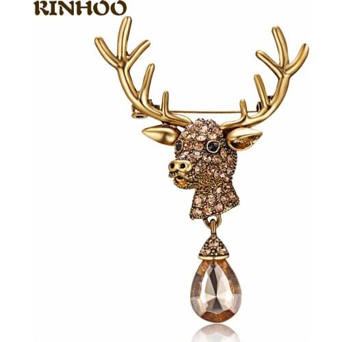 Classic Trendy Christmas Elk Brooch Vintage Crystal Deer Head Animal Brooches Metal Pin Badge Scraf Buckle Collar Suit Accessory